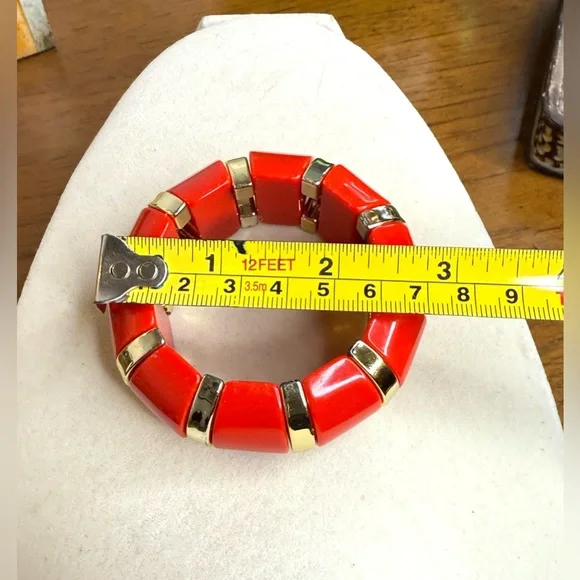 Chunky Red Plastic Stretch Bracelet- Wide Goldtone Stripes-Bold Retro Statement - Picture 6 of 6